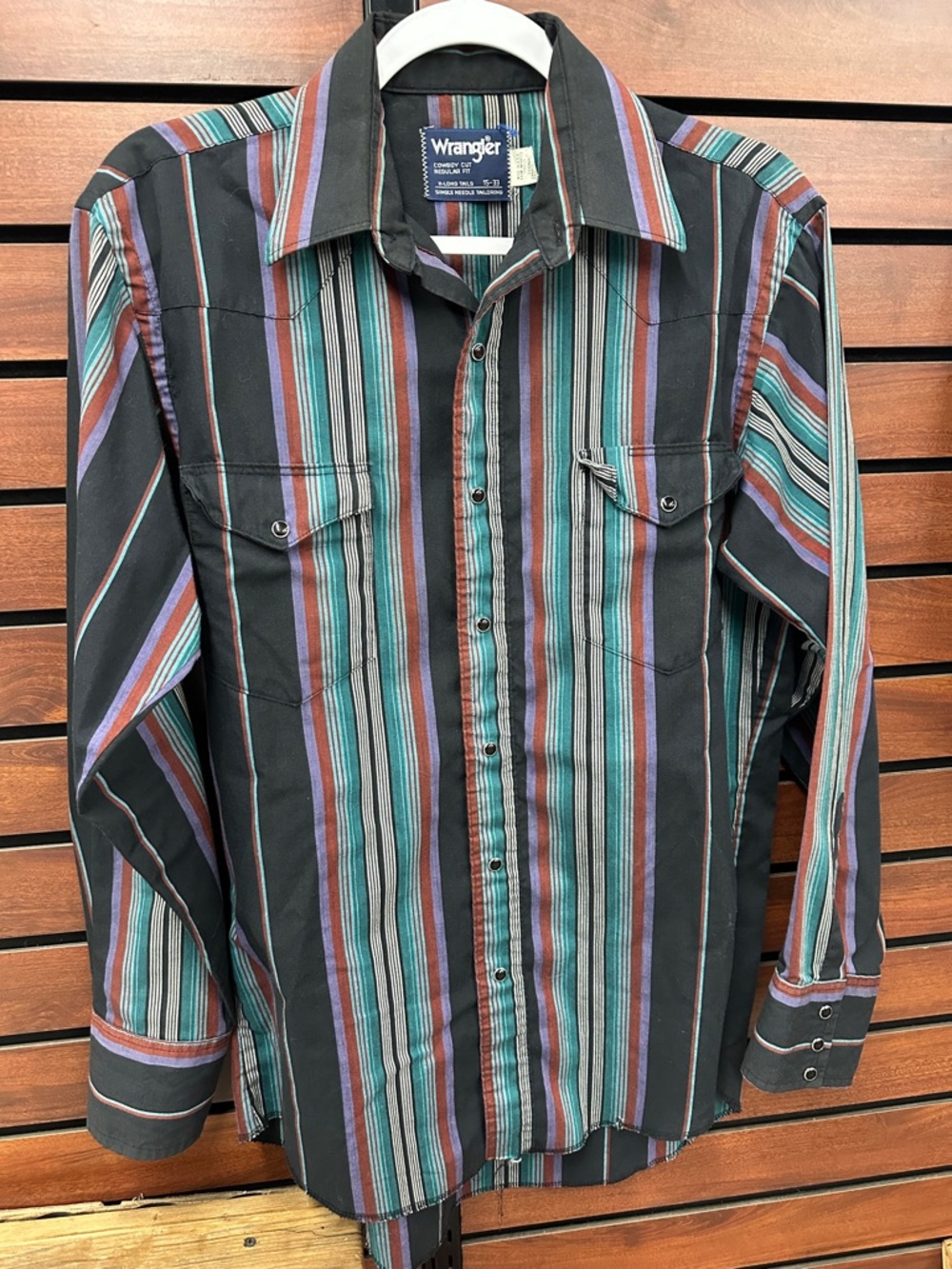 Vintage Wrangler Black Striped Button-Down Shirt with Teal & Rust Accents
